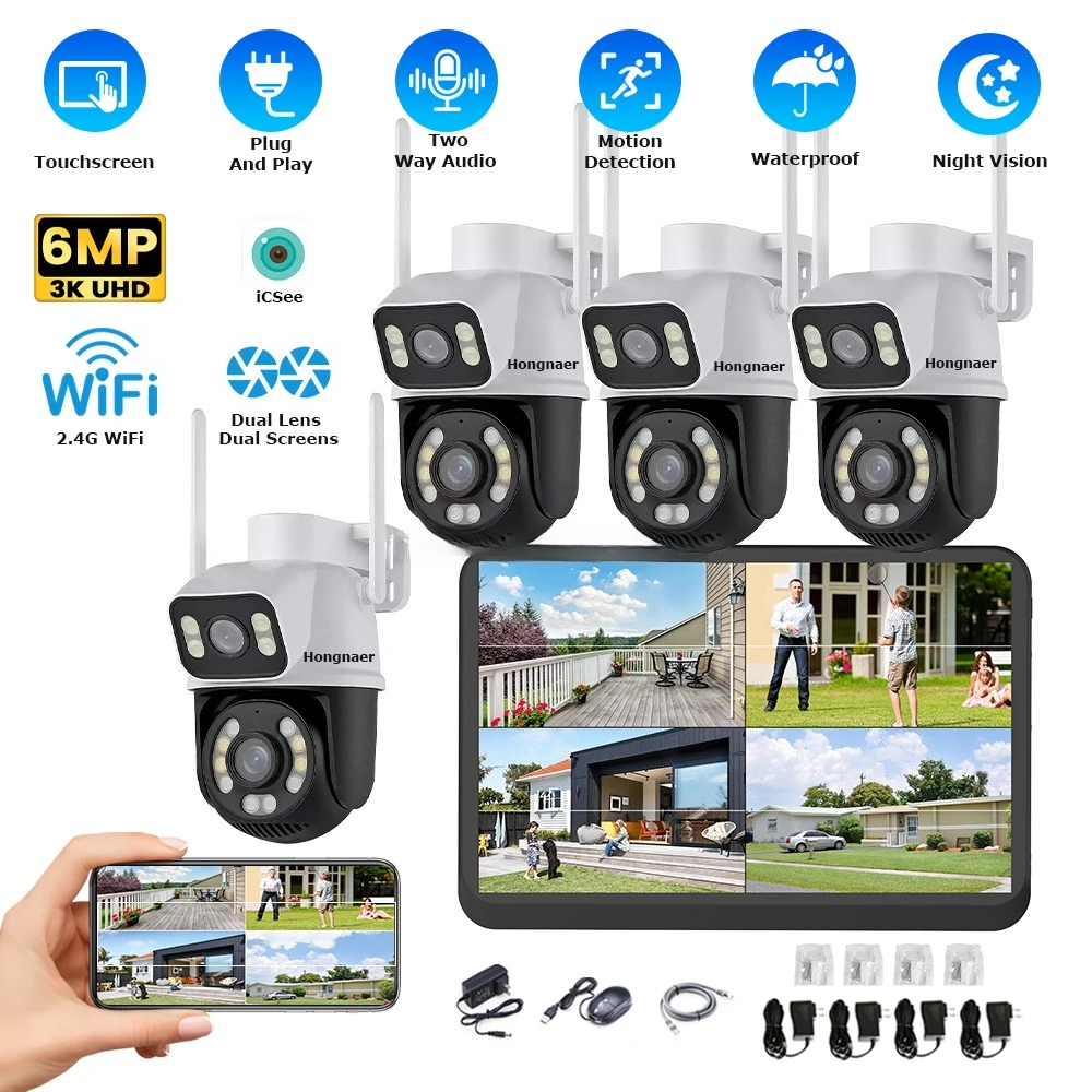 Hongnaer 6MP 4CH Dual Lens Hom - Home Security Wireless Cameras ulasan dan harga